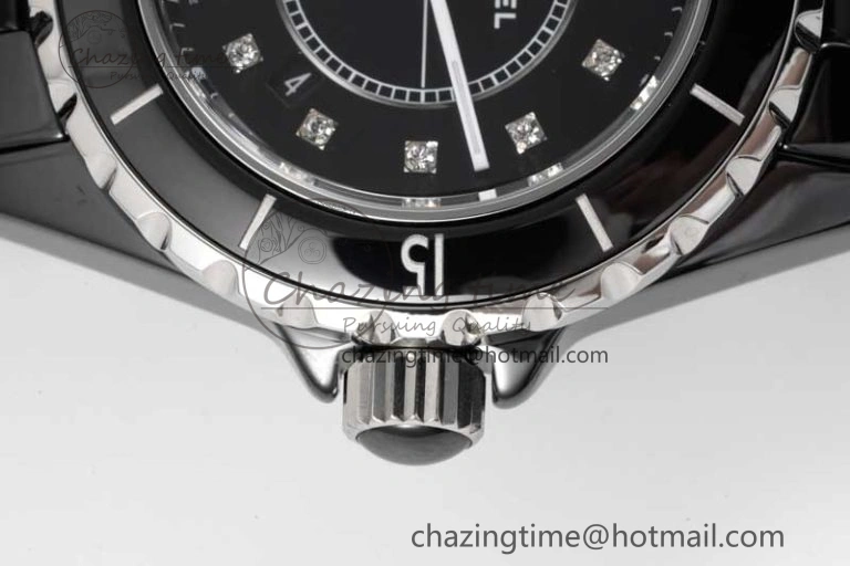 Chic J13 33mm Black Ceramic HTF 1:1 Best Edition Black Dial Diamonds Markers on Bracelet Swiss Quartz 6479