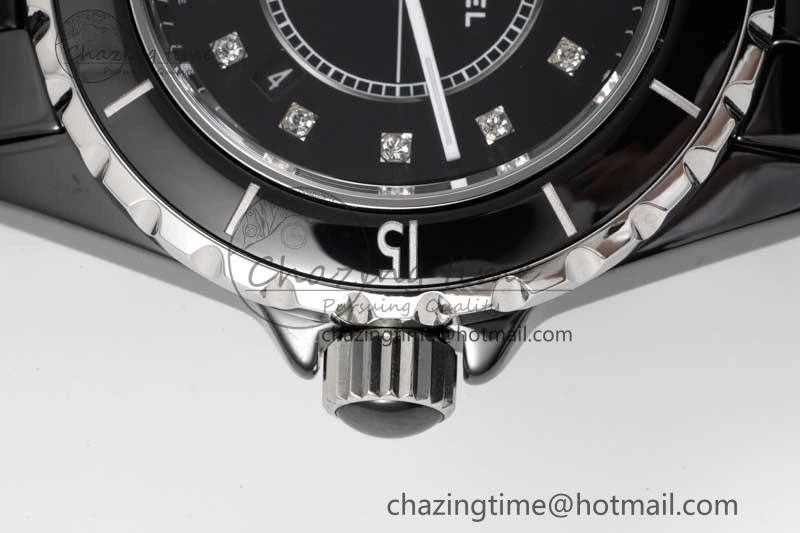 Chic J13 33mm Black Ceramic HTF 1:1 Best Edition Black Dial Diamonds Markers on Bracelet Swiss Quartz 6479