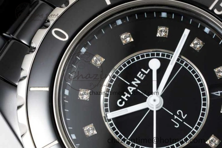 Chic J13 33mm Black Ceramic HTF 1:1 Best Edition Black Dial Diamonds Markers on Bracelet Swiss Quartz 6479