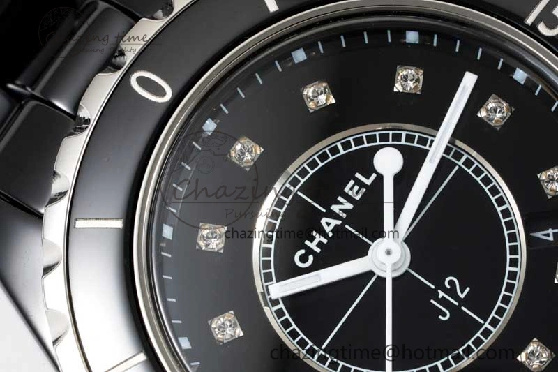 Chic J13 33mm Black Ceramic HTF 1:1 Best Edition Black Dial Diamonds Markers on Bracelet Swiss Quartz 6479