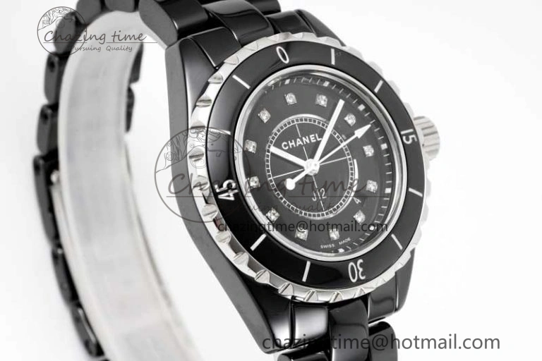 Chic J13 33mm Black Ceramic HTF 1:1 Best Edition Black Dial Diamonds Markers on Bracelet Swiss Quartz 6479