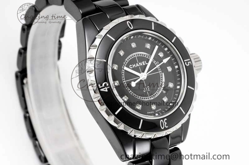 Chic J13 33mm Black Ceramic HTF 1:1 Best Edition Black Dial Diamonds Markers on Bracelet Swiss Quartz 6479