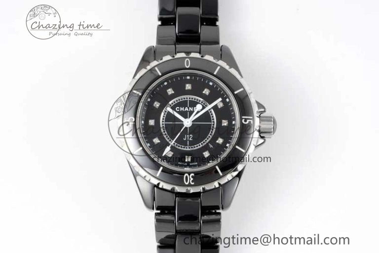 Chic J13 33mm Black Ceramic HTF 1:1 Best Edition Black Dial Diamonds Markers on Bracelet Swiss Quartz 6479