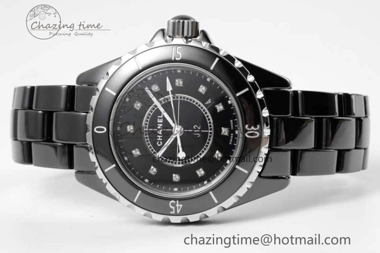 Chic J13 33mm Black Ceramic HTF 1:1 Best Edition Black Dial Diamonds Markers on Bracelet Swiss Quartz 6479
