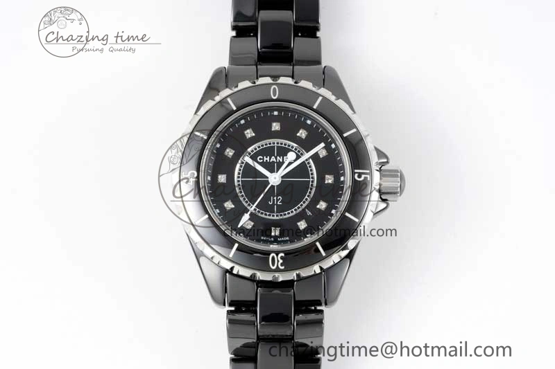 Chic J13 33mm Black Ceramic HTF 1:1 Best Edition Black Dial Diamonds Markers on Bracelet Swiss Quartz 6479
