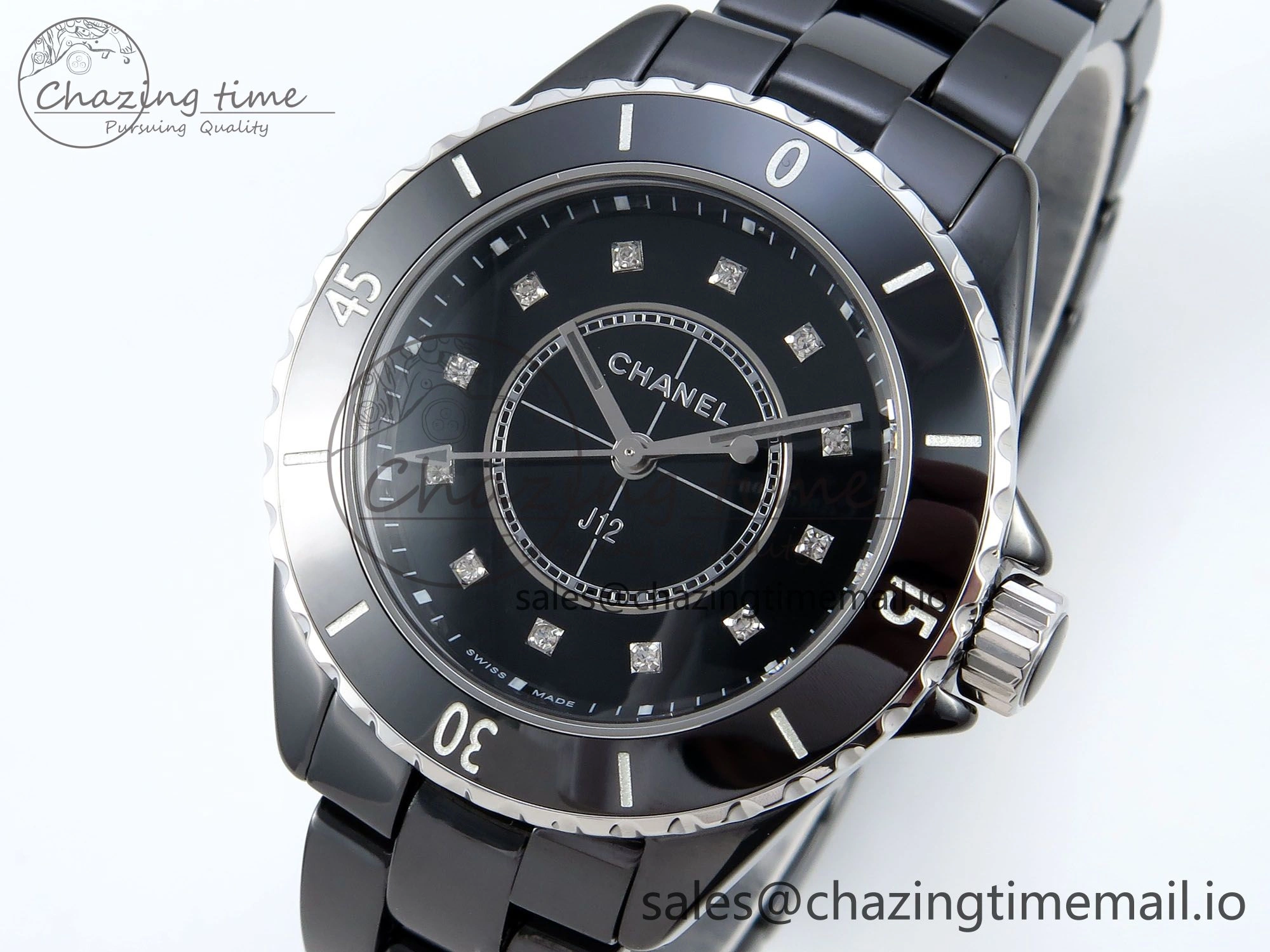 J13 33mm HTF 1:1 Best Edition Black Korea Ceramic Diamonds Markers Dial on Bracelet Swiss Quartz WaterResistant 6419