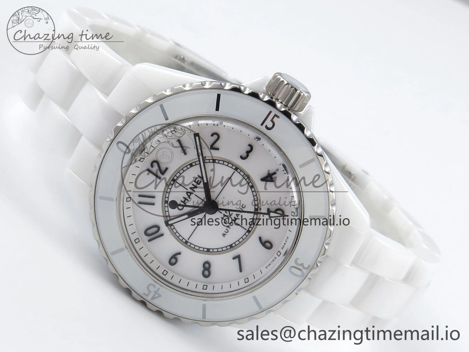 J13 33mm HTF 1:1 Best Edition White Ceramic Numeral Markers Dial on Bracelet A12. FashionForward 6425