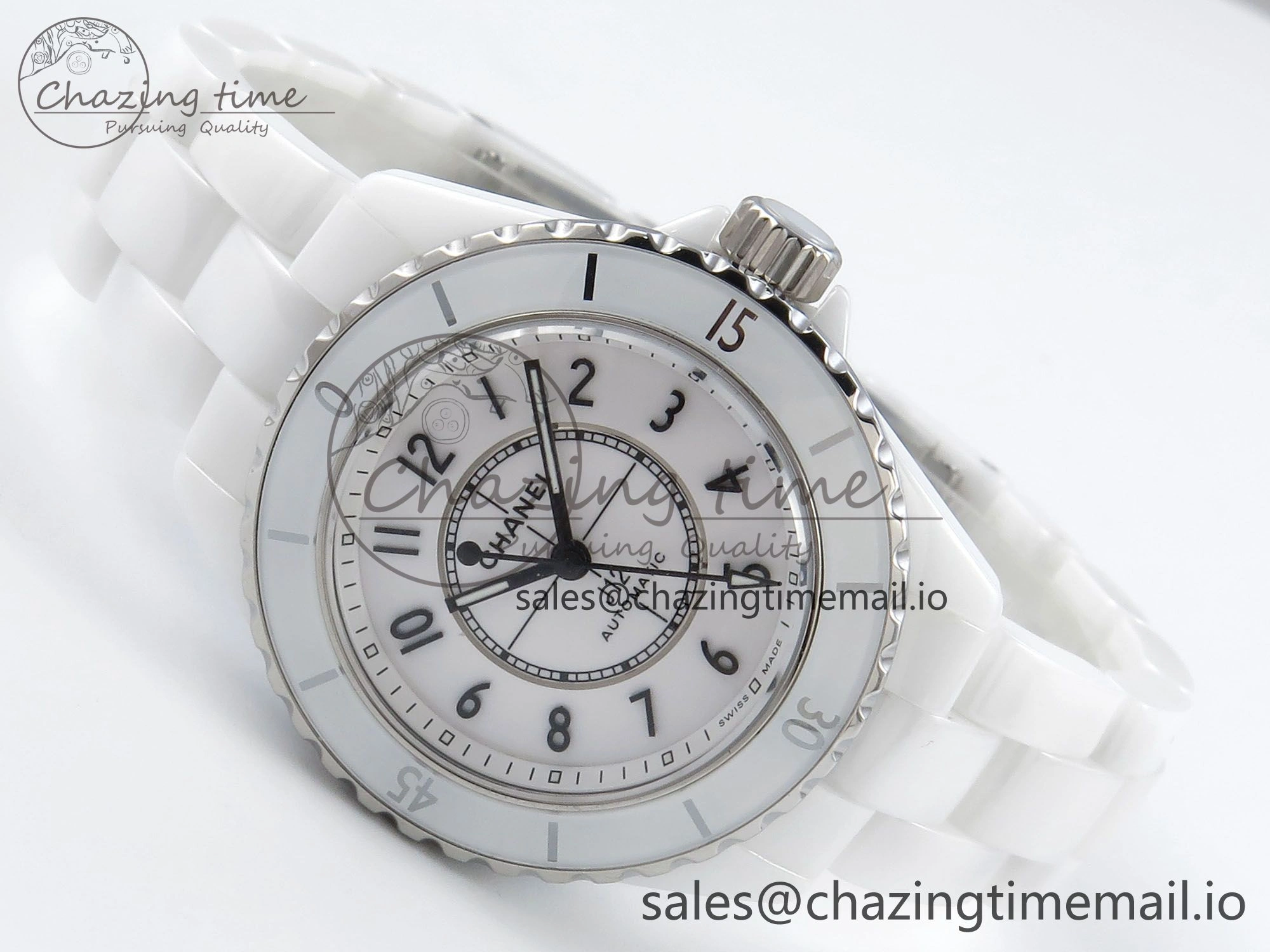 J13 33mm HTF 1:1 Best Edition White Ceramic Numeral Markers Dial on Bracelet A12. FashionForward 6425