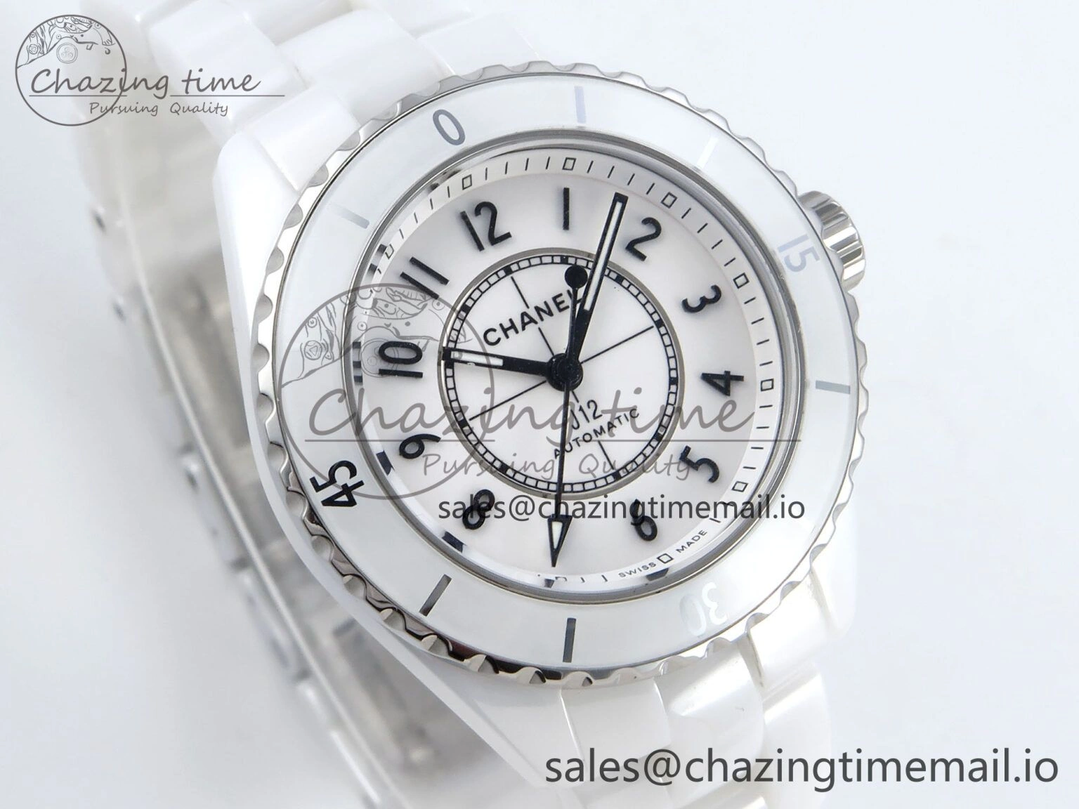 J13 33mm HTF 1:1 Best Edition White Ceramic Numeral Markers Dial on Bracelet A12. FashionForward 6425
