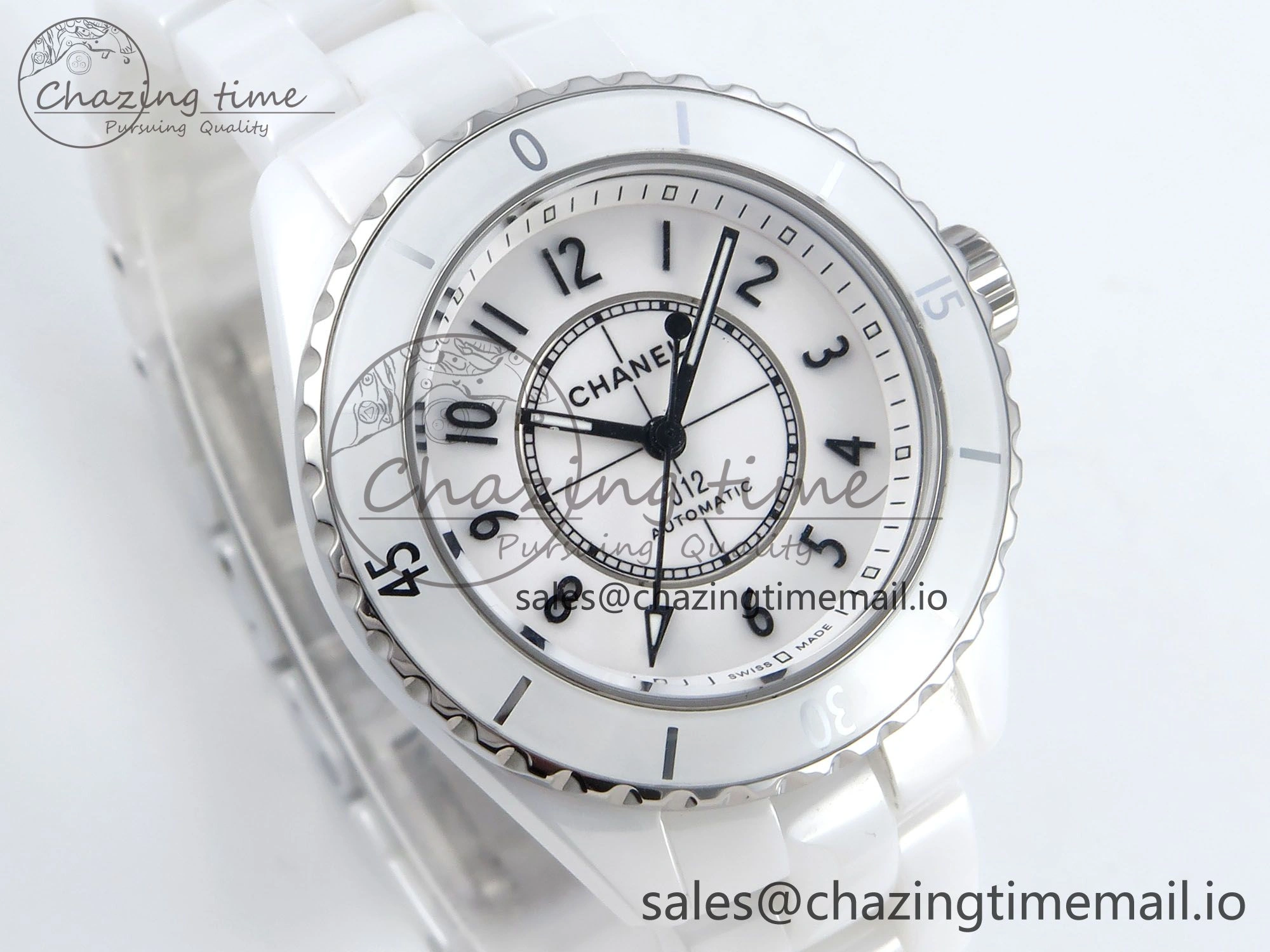 J13 33mm HTF 1:1 Best Edition White Ceramic Numeral Markers Dial on Bracelet A12. FashionForward 6425