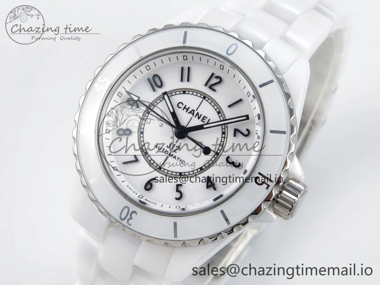 J13 33mm HTF 1:1 Best Edition White Ceramic Numeral Markers Dial on Bracelet A12. FashionForward 6425
