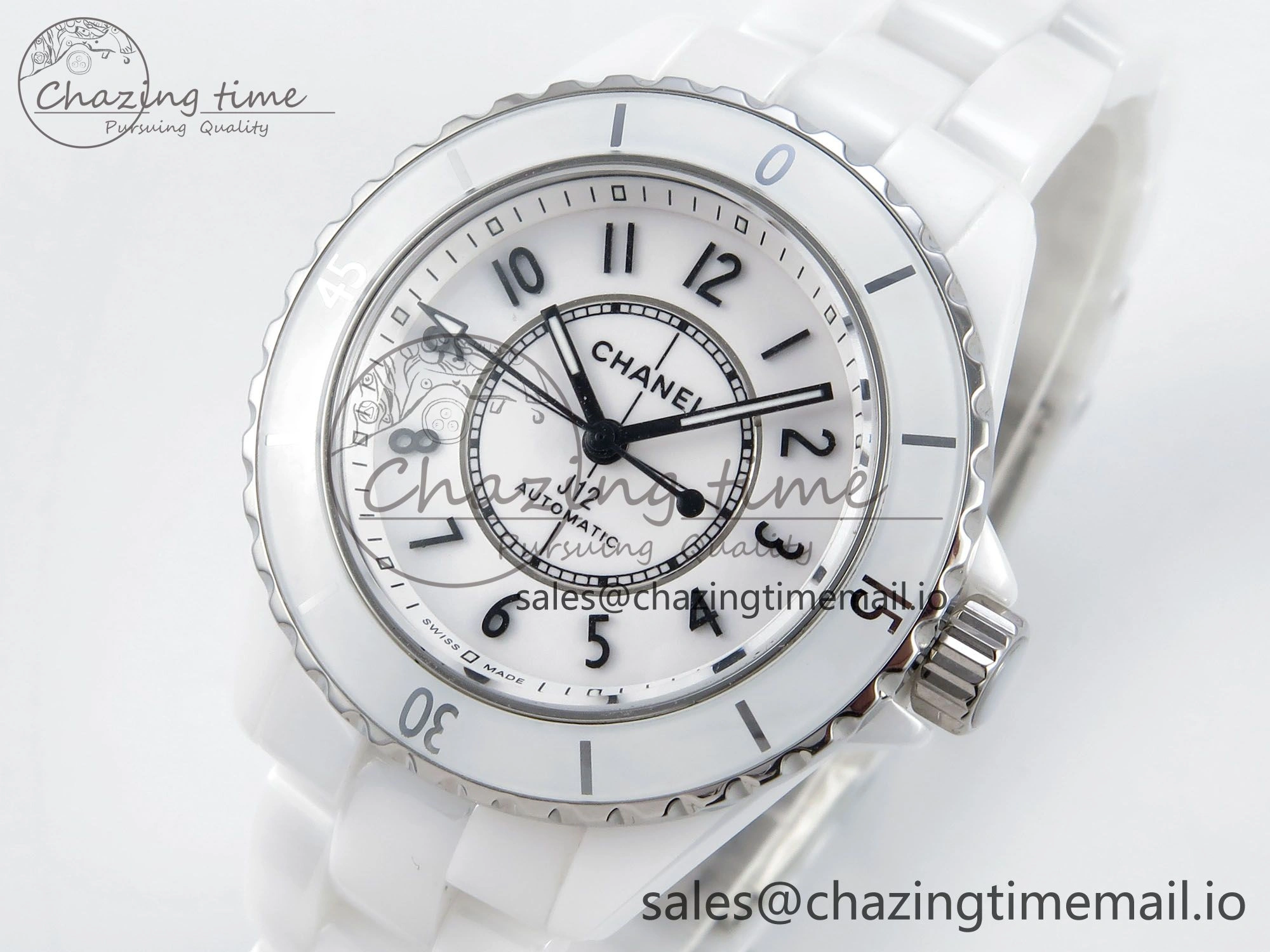 J13 33mm HTF 1:1 Best Edition White Ceramic Numeral Markers Dial on Bracelet A12. FashionForward 6425