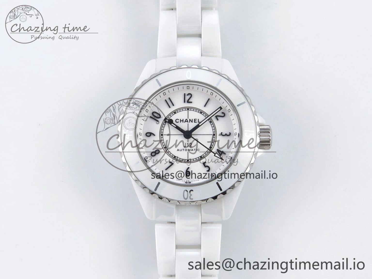J13 33mm HTF 1:1 Best Edition White Ceramic Numeral Markers Dial on Bracelet A12. FashionForward 6425
