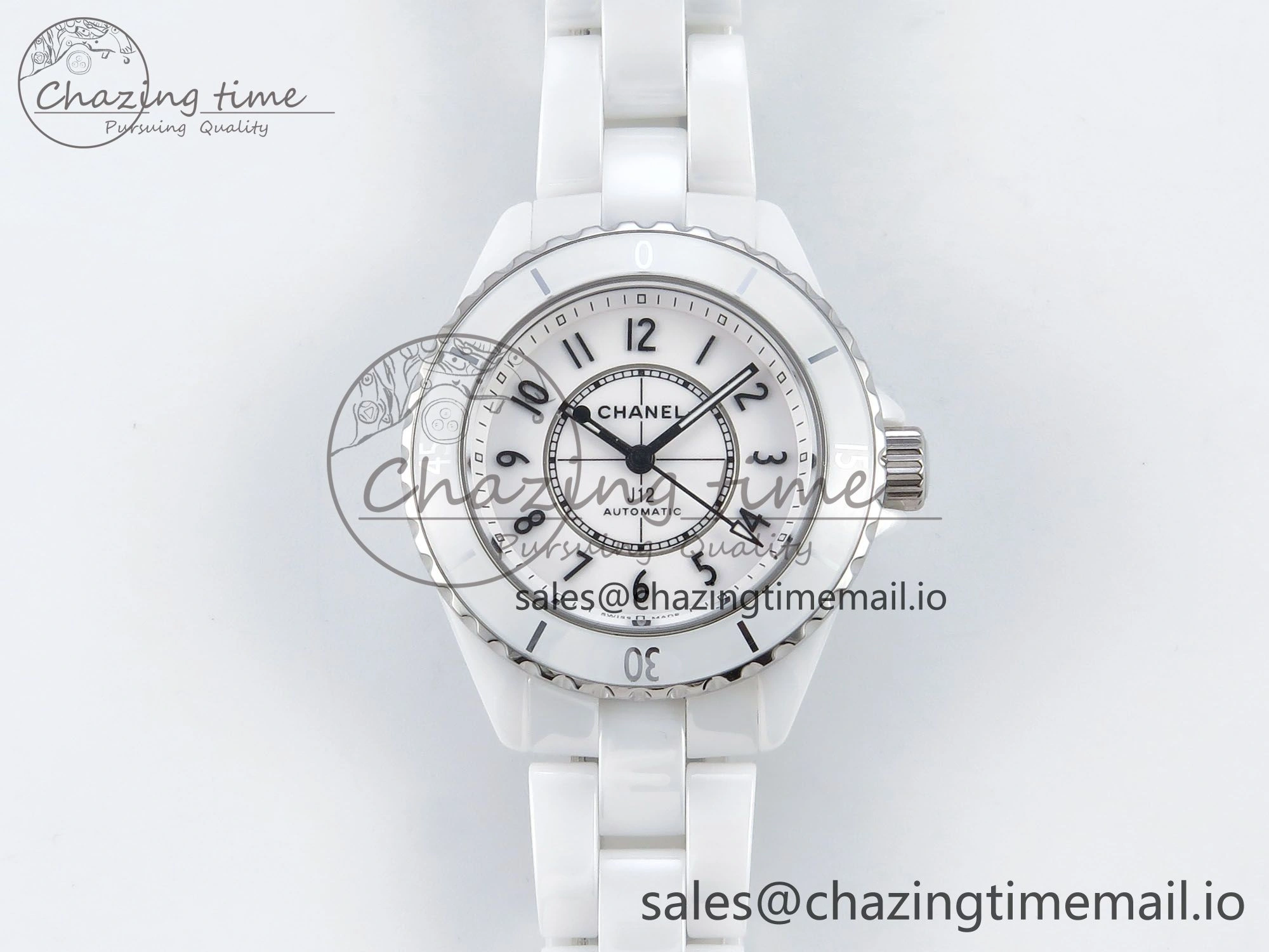 J13 33mm HTF 1:1 Best Edition White Ceramic Numeral Markers Dial on Bracelet A12. FashionForward 6425