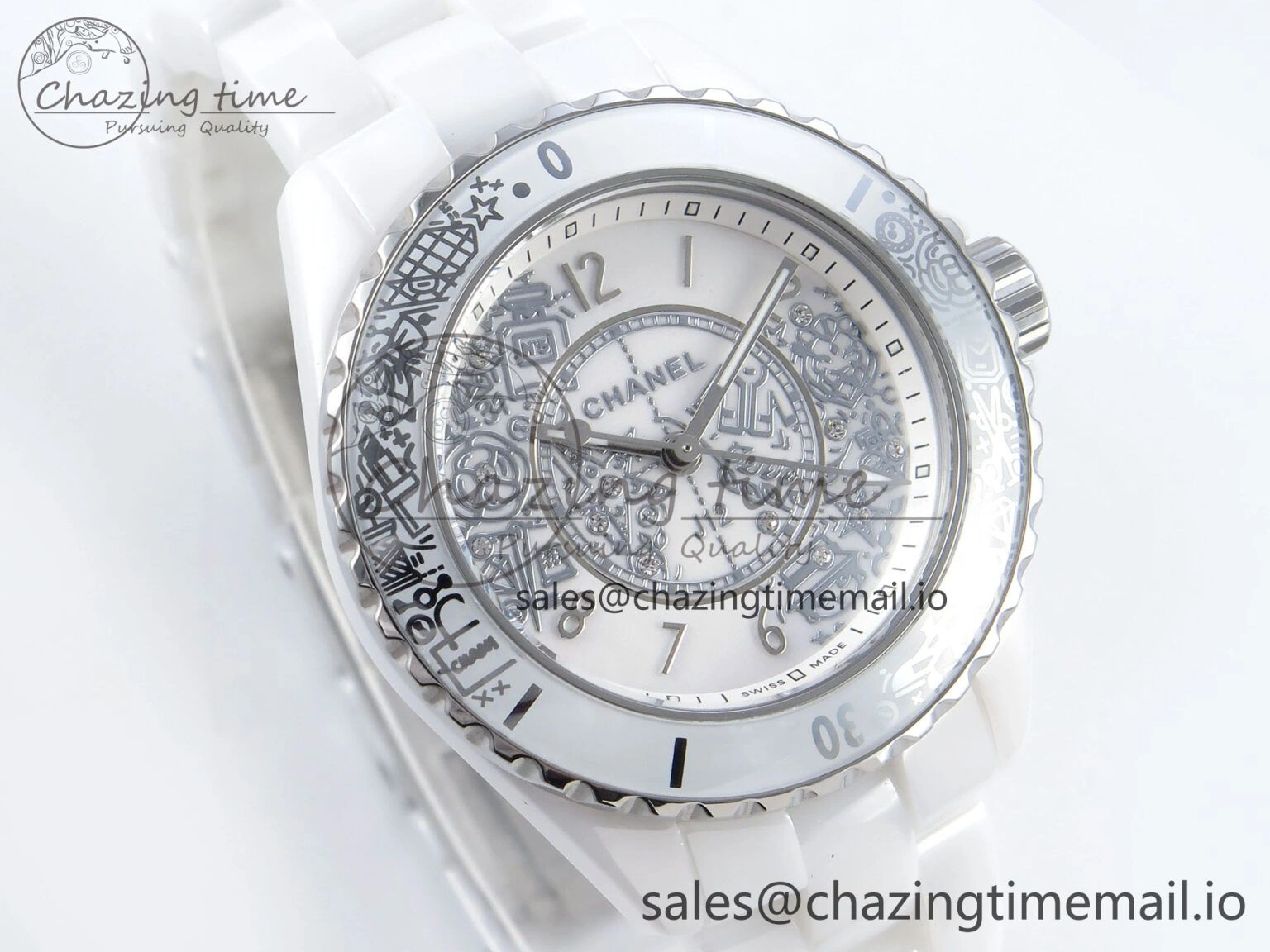 J13 33mm HTF 1:1 Best Edition White Ceramic Numeral Markers Dial on Bracelet Swiss Quartz SmoothTexture 6432