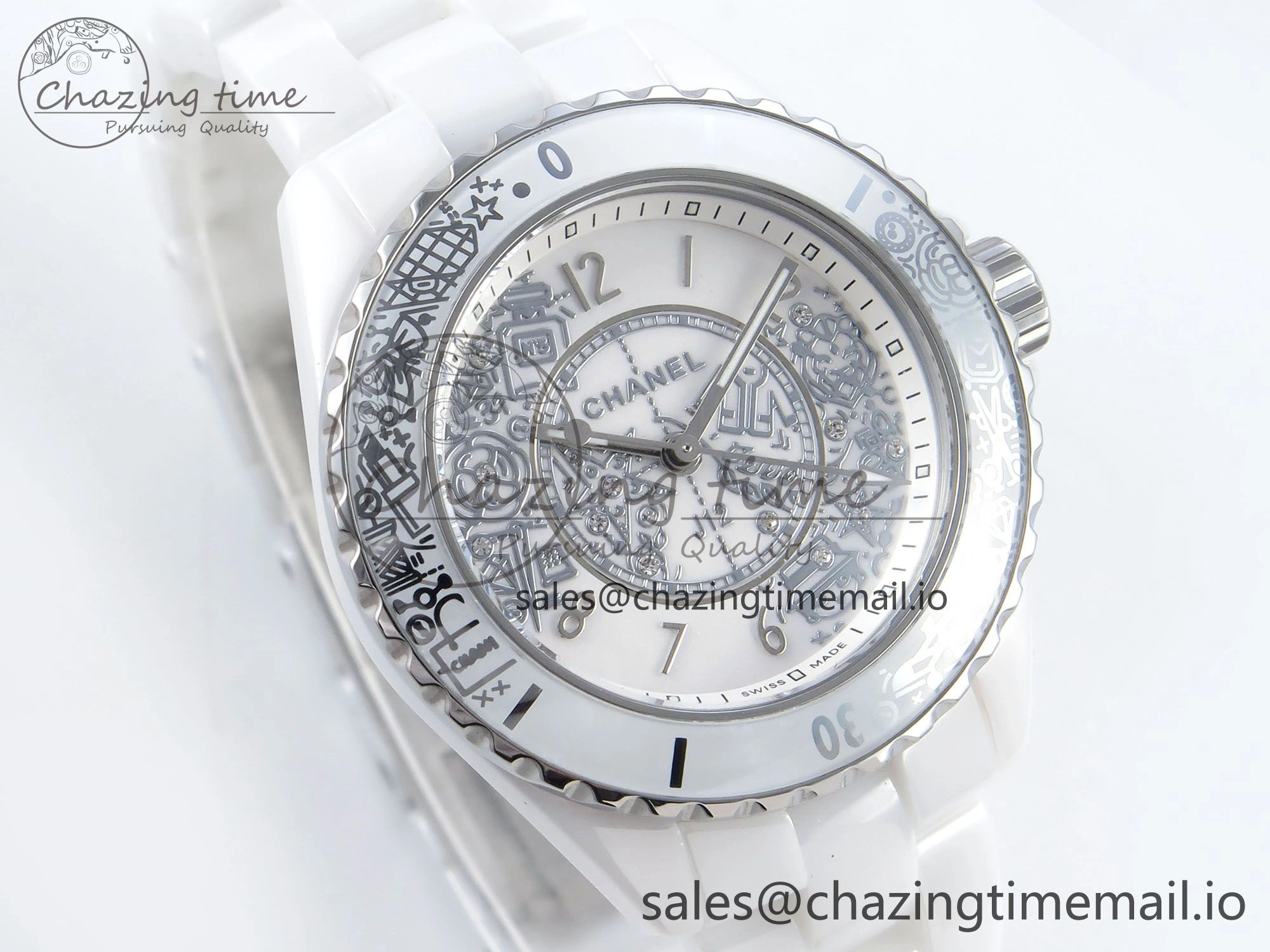 J13 33mm HTF 1:1 Best Edition White Ceramic Numeral Markers Dial on Bracelet Swiss Quartz SmoothTexture 6432