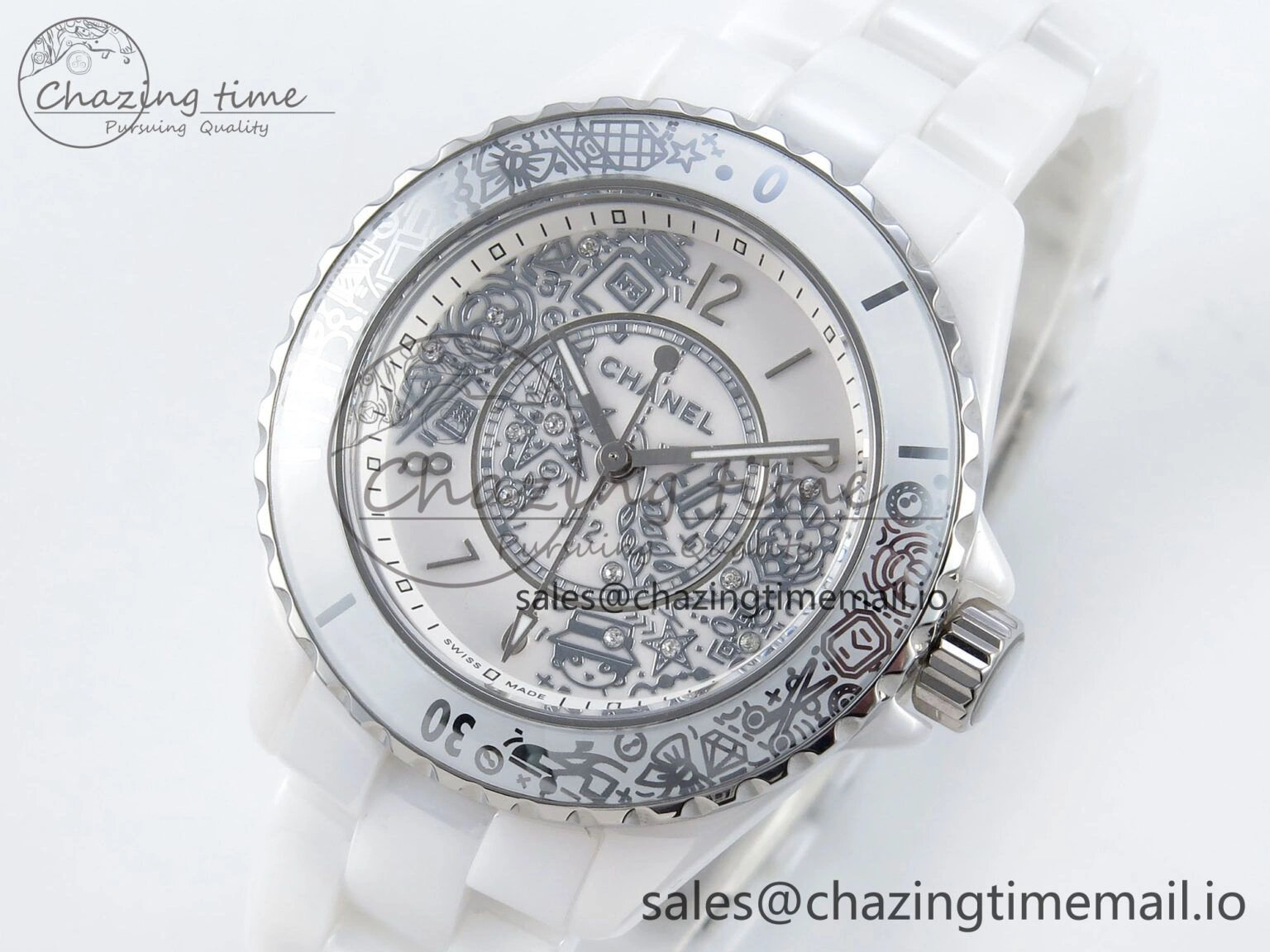J13 33mm HTF 1:1 Best Edition White Ceramic Numeral Markers Dial on Bracelet Swiss Quartz SmoothTexture 6432