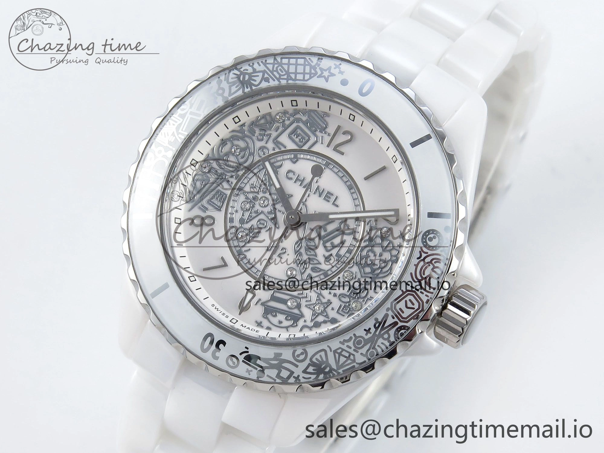 J13 33mm HTF 1:1 Best Edition White Ceramic Numeral Markers Dial on Bracelet Swiss Quartz SmoothTexture 6432