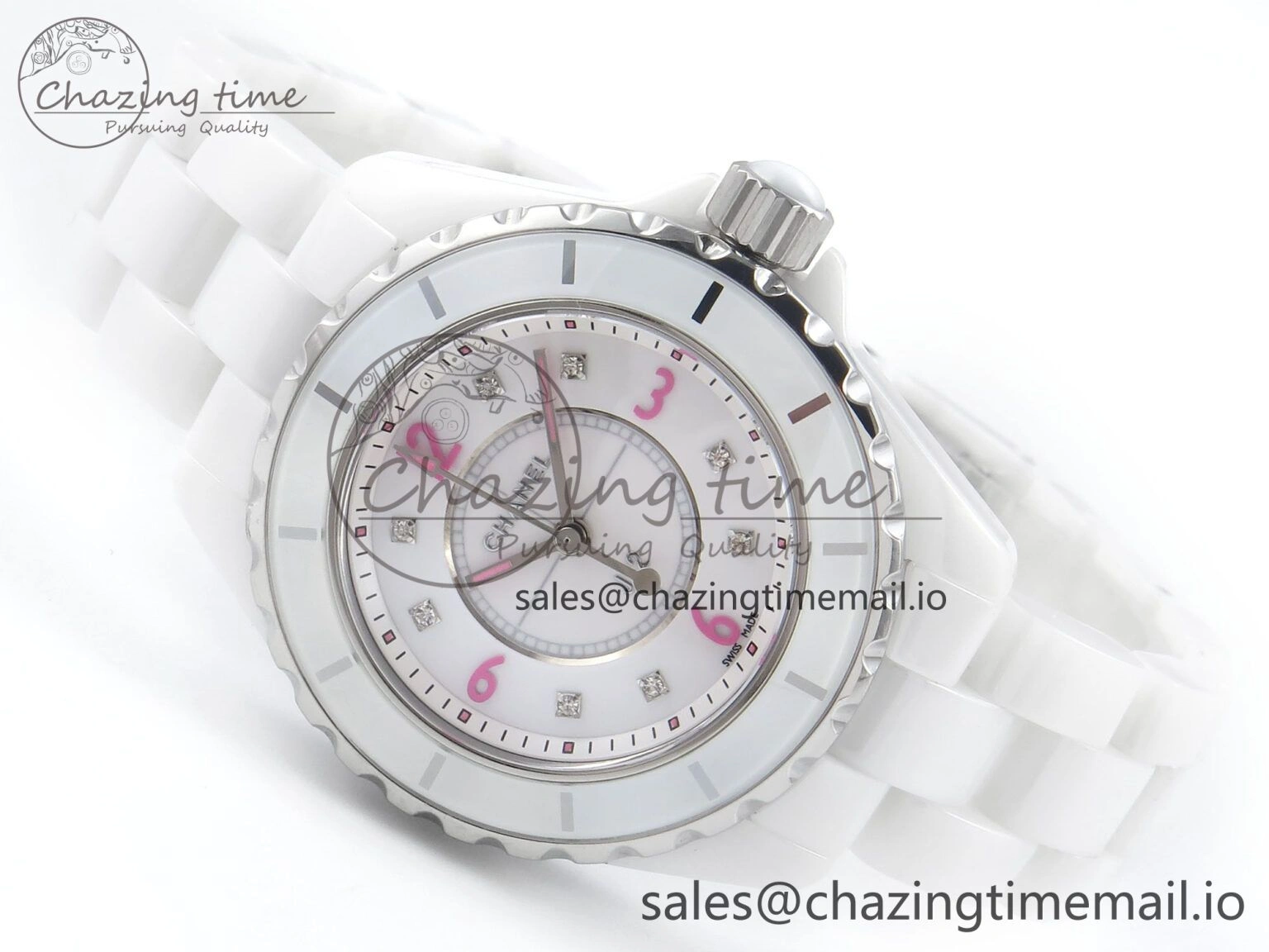 J13 33mm White Ceramic HTF 1:1 Best Edition Pink Dial Diamonds Makers on Bracelet Swiss Quartz Popular 6444