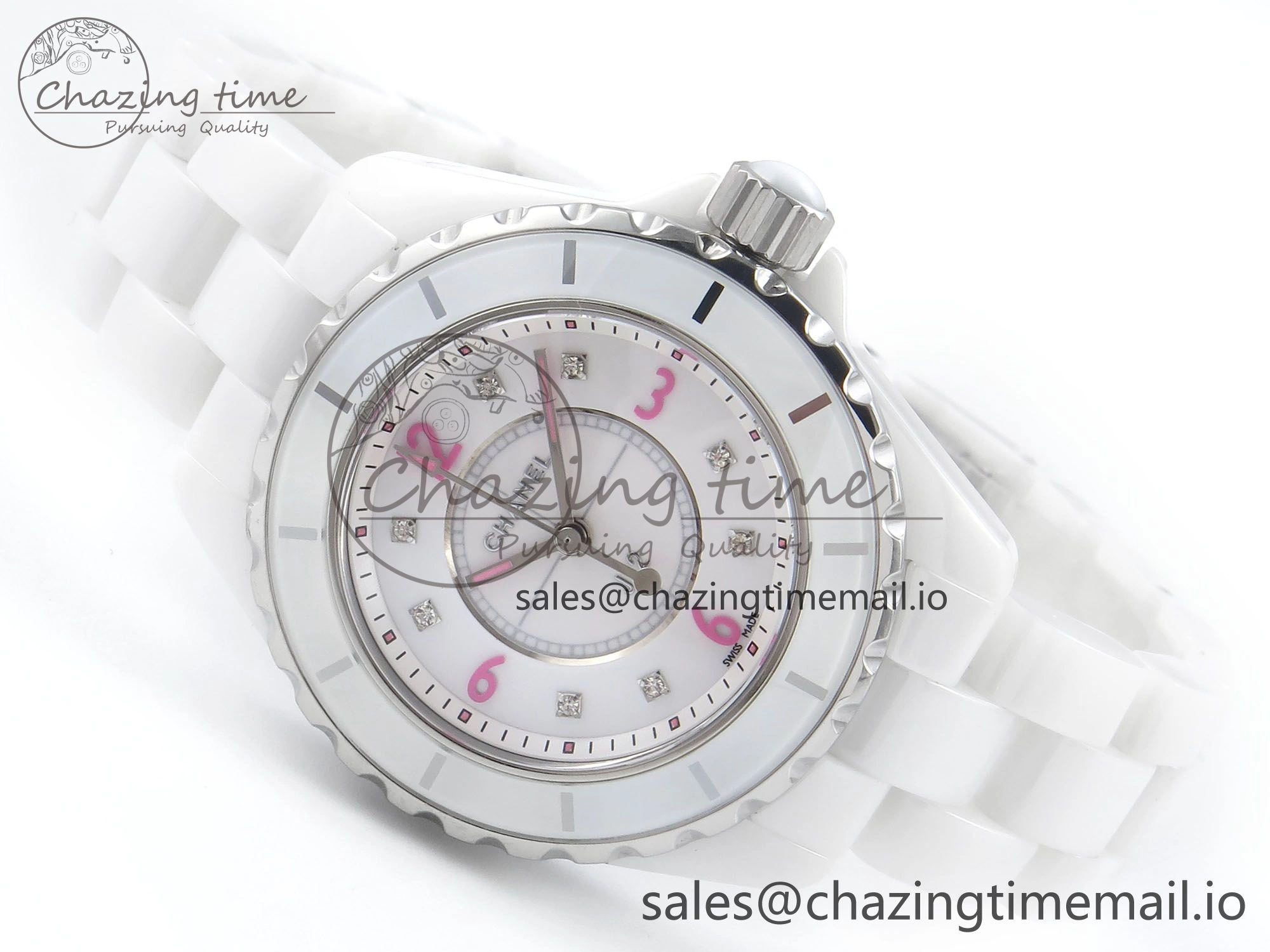 J13 33mm White Ceramic HTF 1:1 Best Edition Pink Dial Diamonds Makers on Bracelet Swiss Quartz Popular 6444