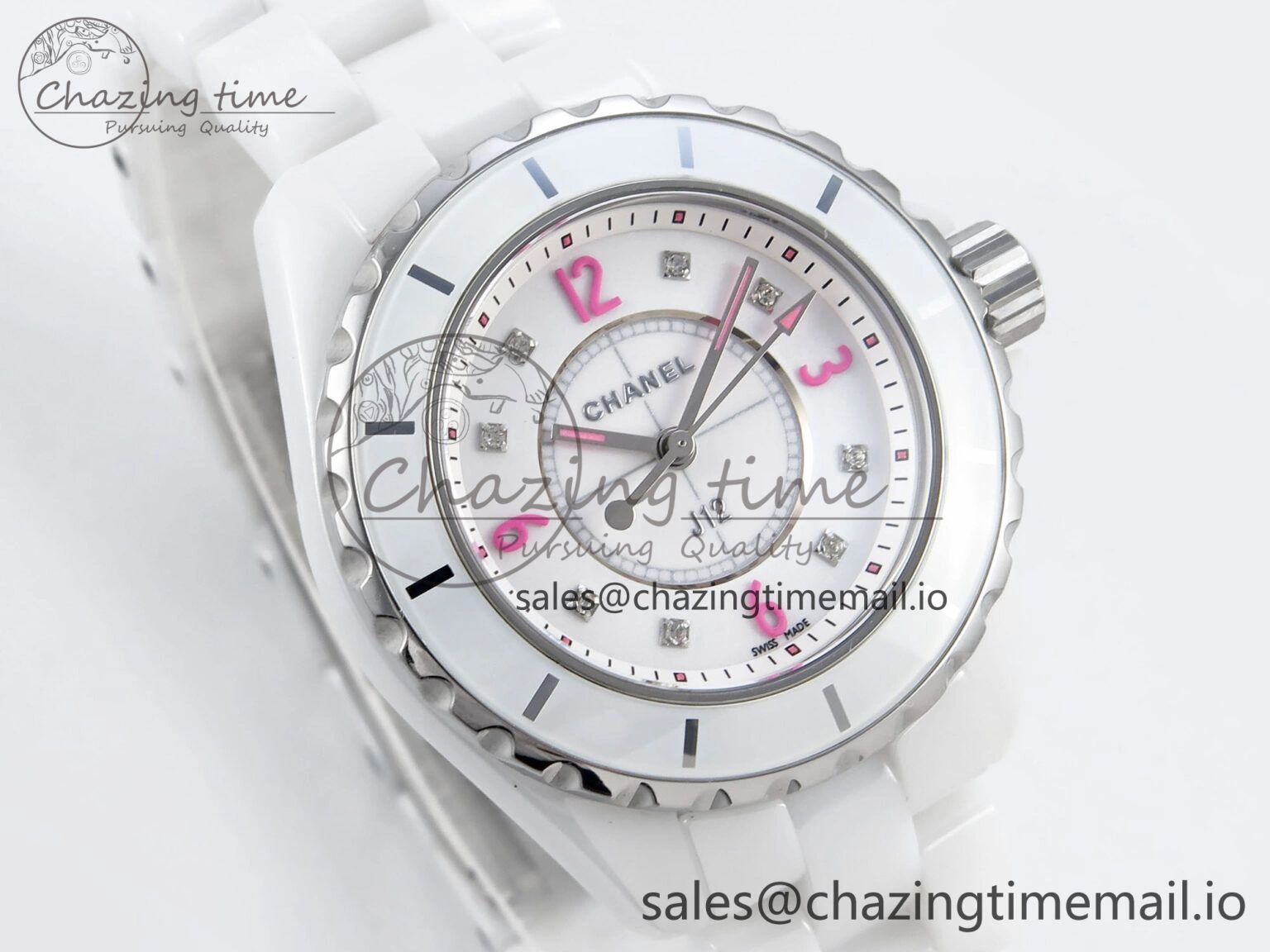 J13 33mm White Ceramic HTF 1:1 Best Edition Pink Dial Diamonds Makers on Bracelet Swiss Quartz Popular 6444