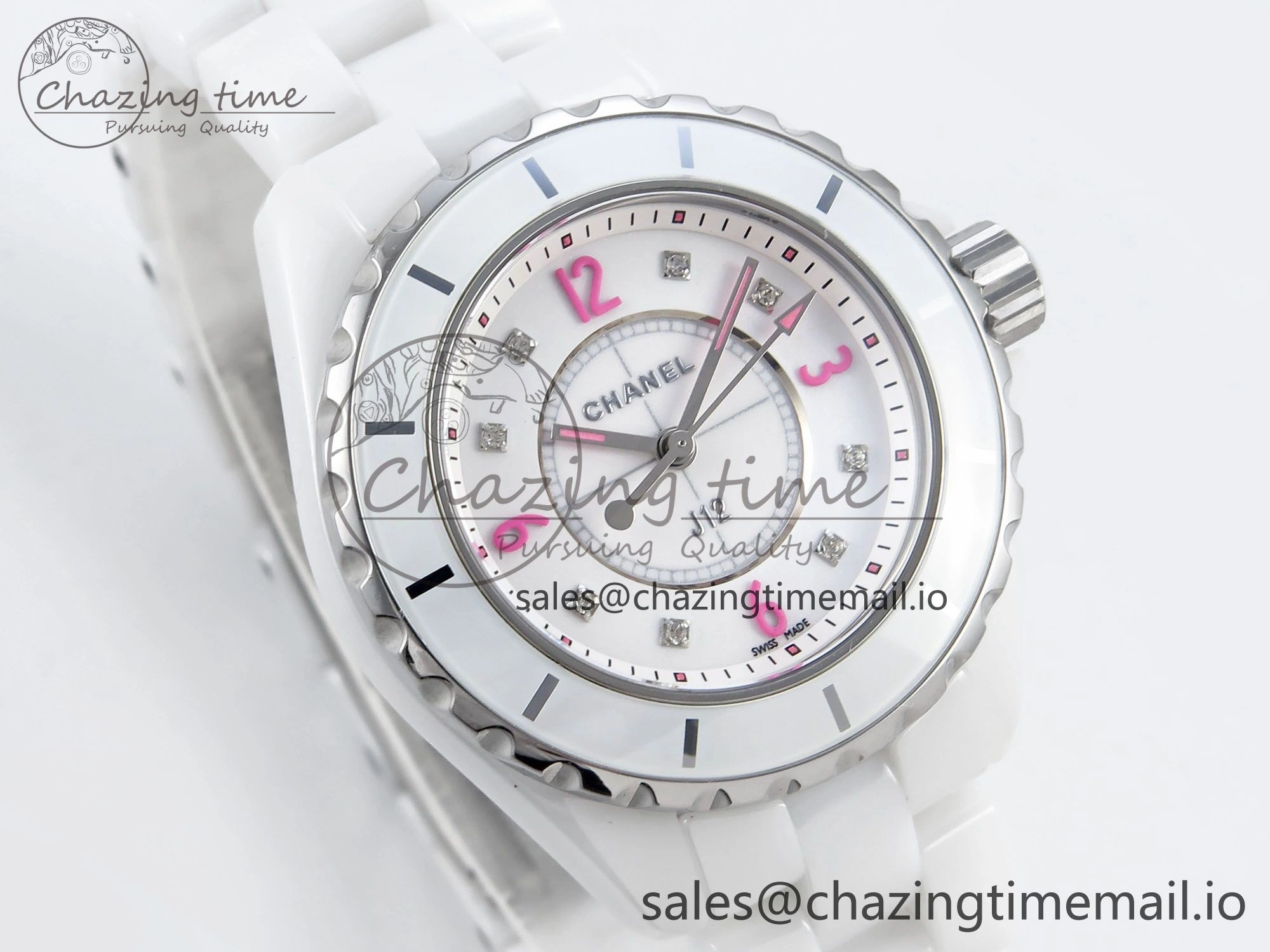 J13 33mm White Ceramic HTF 1:1 Best Edition Pink Dial Diamonds Makers on Bracelet Swiss Quartz Popular 6444