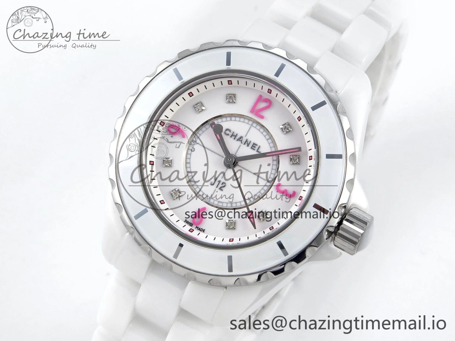 J13 33mm White Ceramic HTF 1:1 Best Edition Pink Dial Diamonds Makers on Bracelet Swiss Quartz Popular 6444