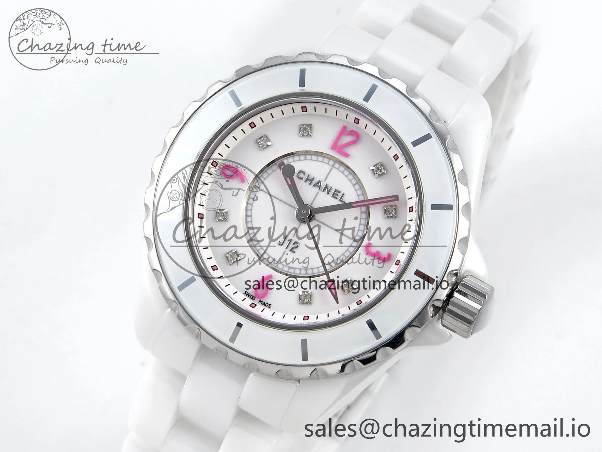 J13 33mm White Ceramic HTF 1:1 Best Edition Pink Dial Diamonds Makers on Bracelet Swiss Quartz Popular 6444