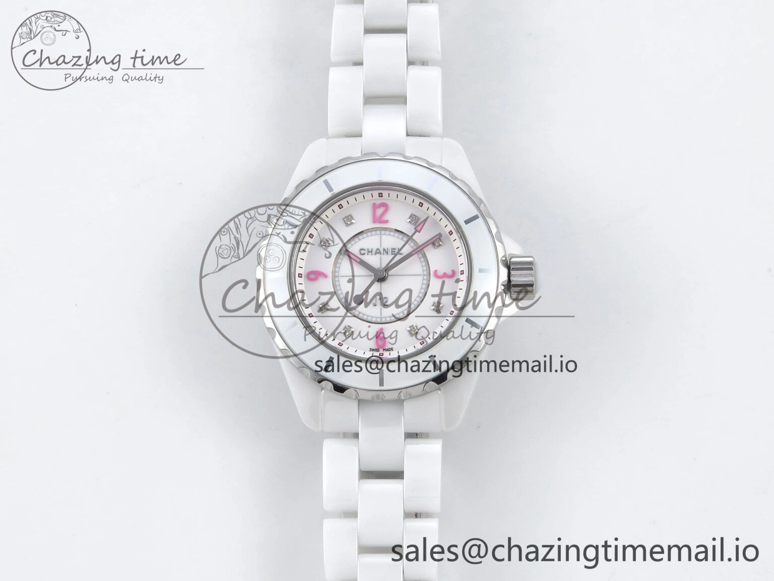 J13 33mm White Ceramic HTF 1:1 Best Edition Pink Dial Diamonds Makers on Bracelet Swiss Quartz Popular 6444