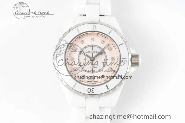 J13 33mm White Ceramic HTF 1:1 Best Edition Pink MOP Dial Diamonds Markers on Bracelet Swiss Quartz Comfortable 6476