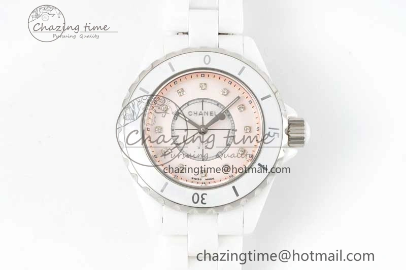 J13 33mm White Ceramic HTF 1:1 Best Edition Pink MOP Dial Diamonds Markers on Bracelet Swiss Quartz Comfortable 6476