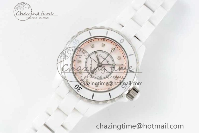J13 33mm White Ceramic HTF 1:1 Best Edition Pink MOP Dial Diamonds Markers on Bracelet Swiss Quartz Comfortable 6476