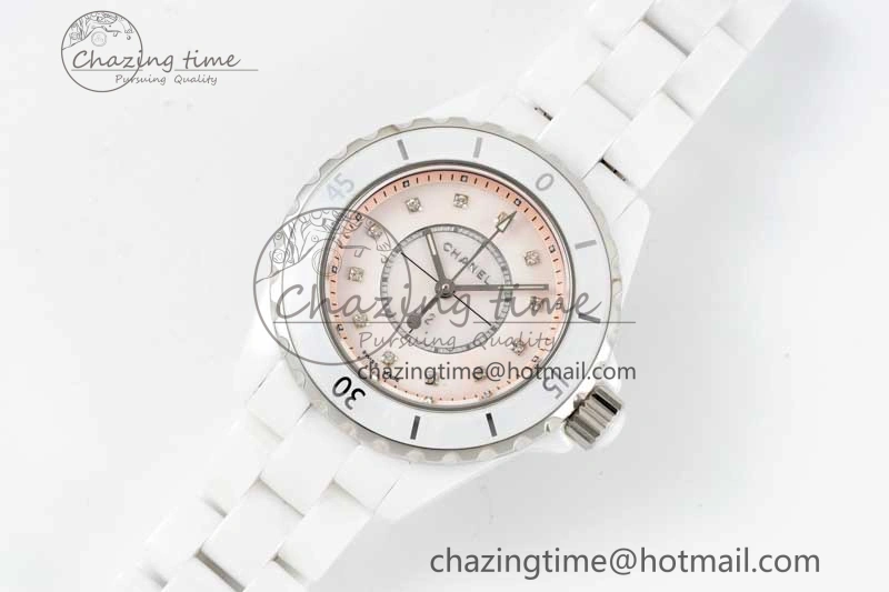 J13 33mm White Ceramic HTF 1:1 Best Edition Pink MOP Dial Diamonds Markers on Bracelet Swiss Quartz Comfortable 6476