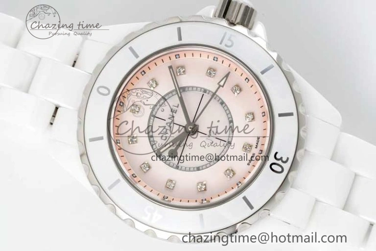 J13 33mm White Ceramic HTF 1:1 Best Edition Pink MOP Dial Diamonds Markers on Bracelet Swiss Quartz Comfortable 6476