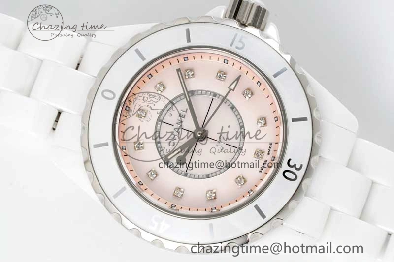 J13 33mm White Ceramic HTF 1:1 Best Edition Pink MOP Dial Diamonds Markers on Bracelet Swiss Quartz Comfortable 6476