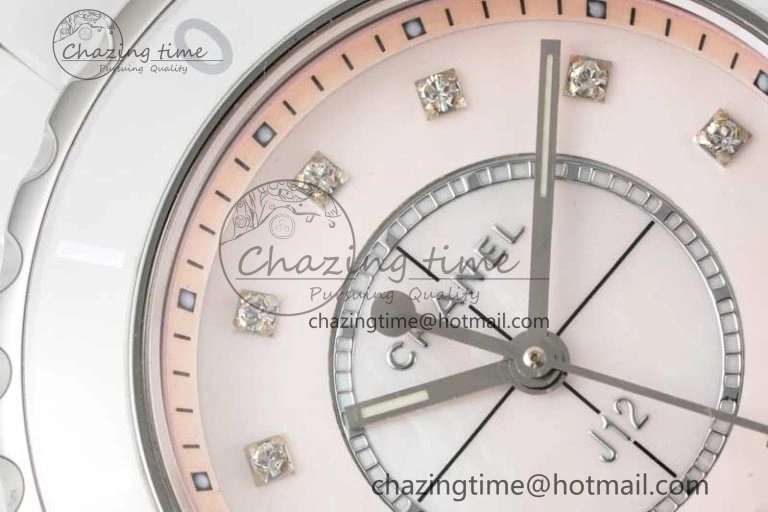 J13 33mm White Ceramic HTF 1:1 Best Edition Pink MOP Dial Diamonds Markers on Bracelet Swiss Quartz Comfortable 6476