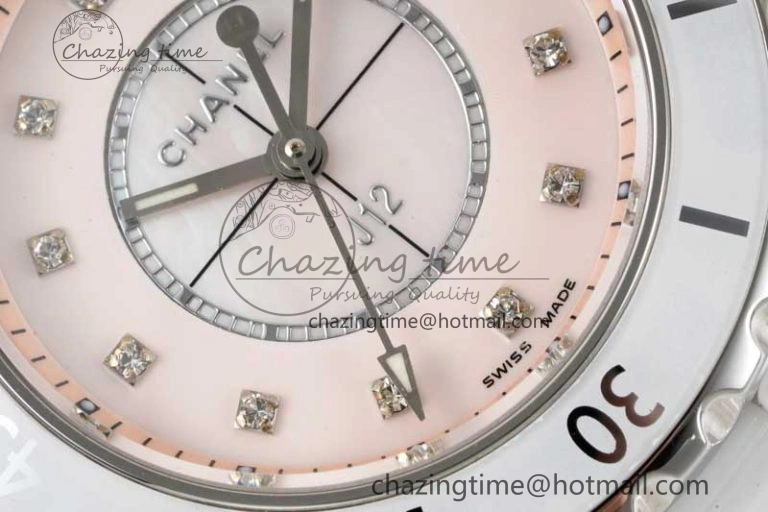 J13 33mm White Ceramic HTF 1:1 Best Edition Pink MOP Dial Diamonds Markers on Bracelet Swiss Quartz Comfortable 6476