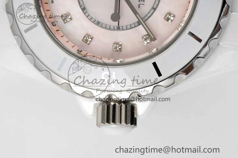 J13 33mm White Ceramic HTF 1:1 Best Edition Pink MOP Dial Diamonds Markers on Bracelet Swiss Quartz Comfortable 6476