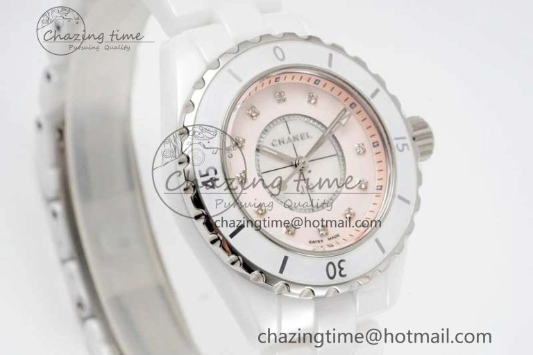 J13 33mm White Ceramic HTF 1:1 Best Edition Pink MOP Dial Diamonds Markers on Bracelet Swiss Quartz Comfortable 6476
