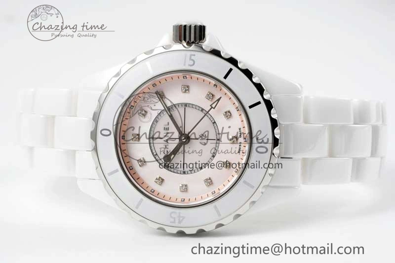 J13 33mm White Ceramic HTF 1:1 Best Edition Pink MOP Dial Diamonds Markers on Bracelet Swiss Quartz Comfortable 6476