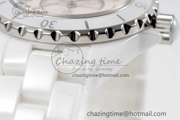J13 33mm White Ceramic HTF 1:1 Best Edition Pink MOP Dial Diamonds Markers on Bracelet Swiss Quartz Comfortable 6476