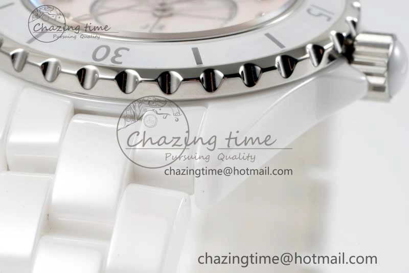 J13 33mm White Ceramic HTF 1:1 Best Edition Pink MOP Dial Diamonds Markers on Bracelet Swiss Quartz Comfortable 6476