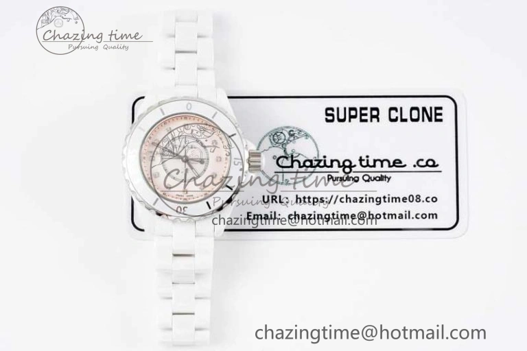 J13 33mm White Ceramic HTF 1:1 Best Edition Pink MOP Dial Diamonds Markers on Bracelet Swiss Quartz Comfortable 6476