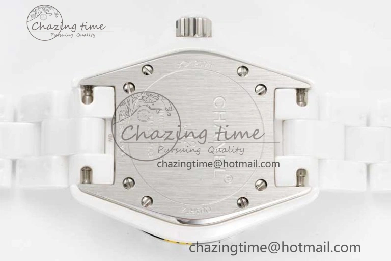 J13 33mm White Ceramic HTF 1:1 Best Edition Pink MOP Dial Diamonds Markers on Bracelet Swiss Quartz Comfortable 6476