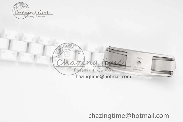 J13 33mm White Ceramic HTF 1:1 Best Edition Pink MOP Dial Diamonds Markers on Bracelet Swiss Quartz Comfortable 6476