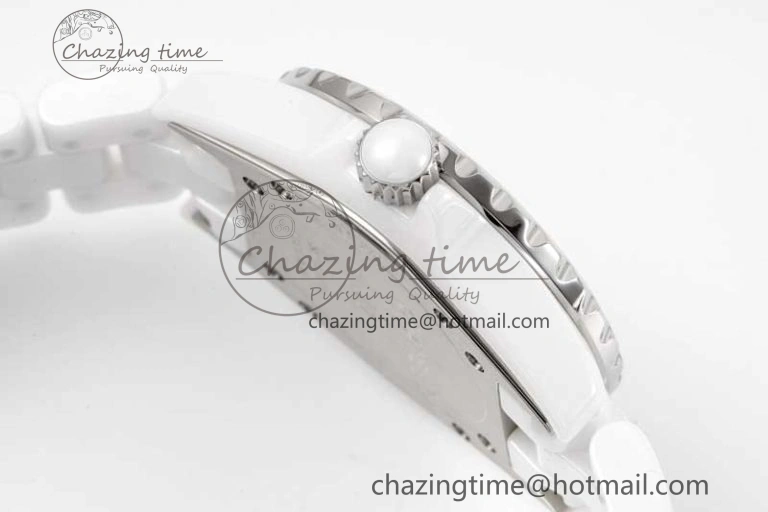 J13 33mm White Ceramic HTF 1:1 Best Edition Pink MOP Dial Diamonds Markers on Bracelet Swiss Quartz Comfortable 6476