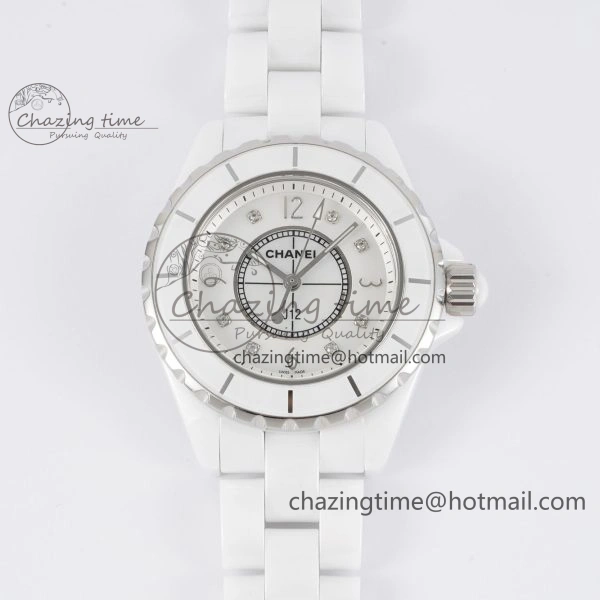 J13 33mm White Ceramic HTF 1:1 Best Edition Pink MOP Dial Diamonds Markers on Bracelet Swiss Quartz Comfortable 6476