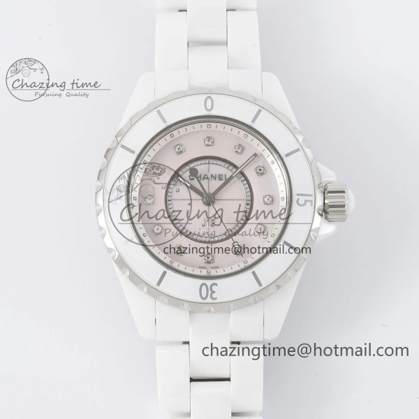 J13 33mm White Ceramic HTF 1:1 Best Edition Pink MOP Dial Diamonds Markers on Bracelet Swiss Quartz Comfortable 6476
