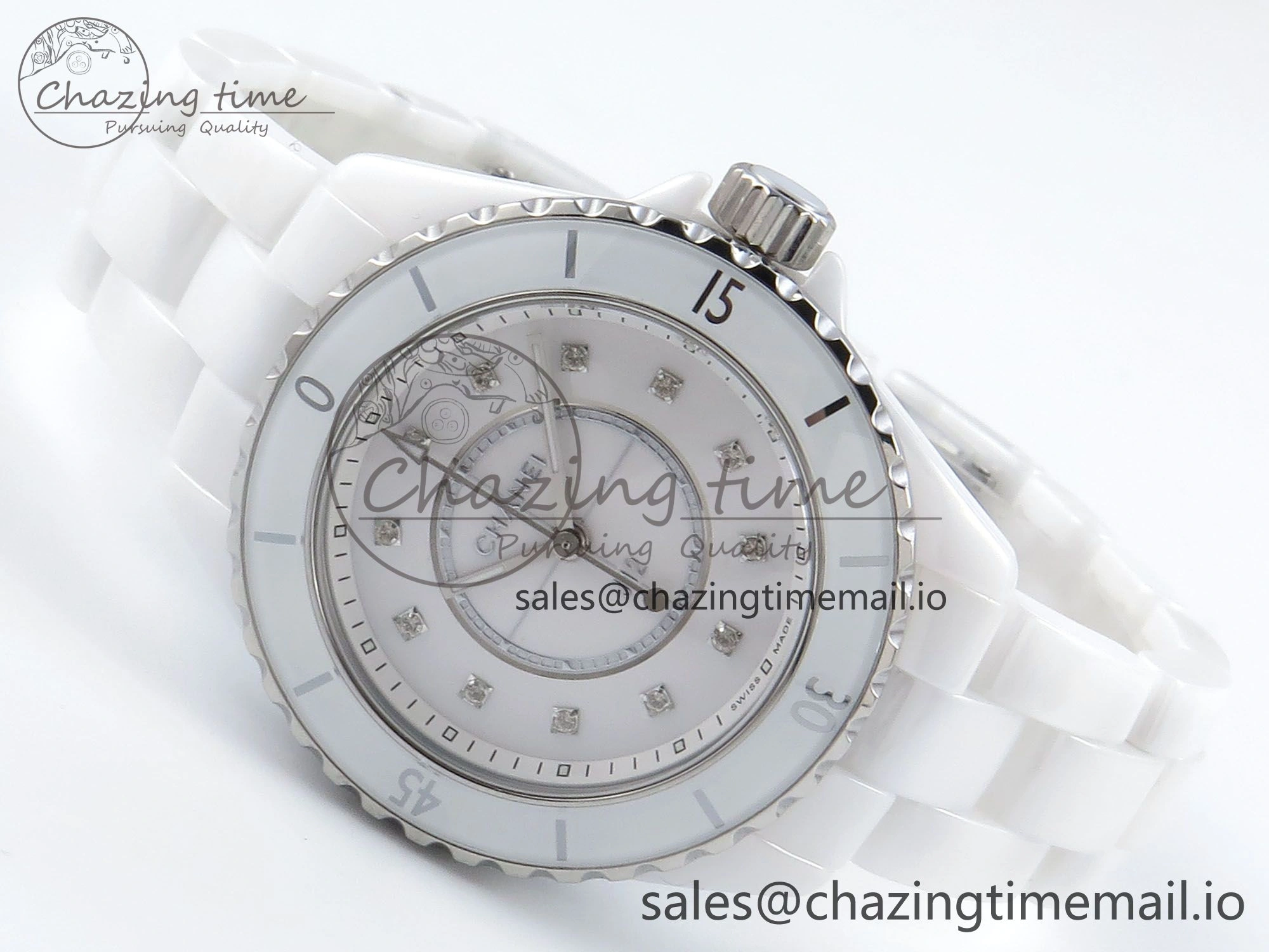 SoftTouch J13 33mm White Ceramic HTF 1:1 Best Edition White Diamonds Dial on Bracelet Swiss Quartz 6430