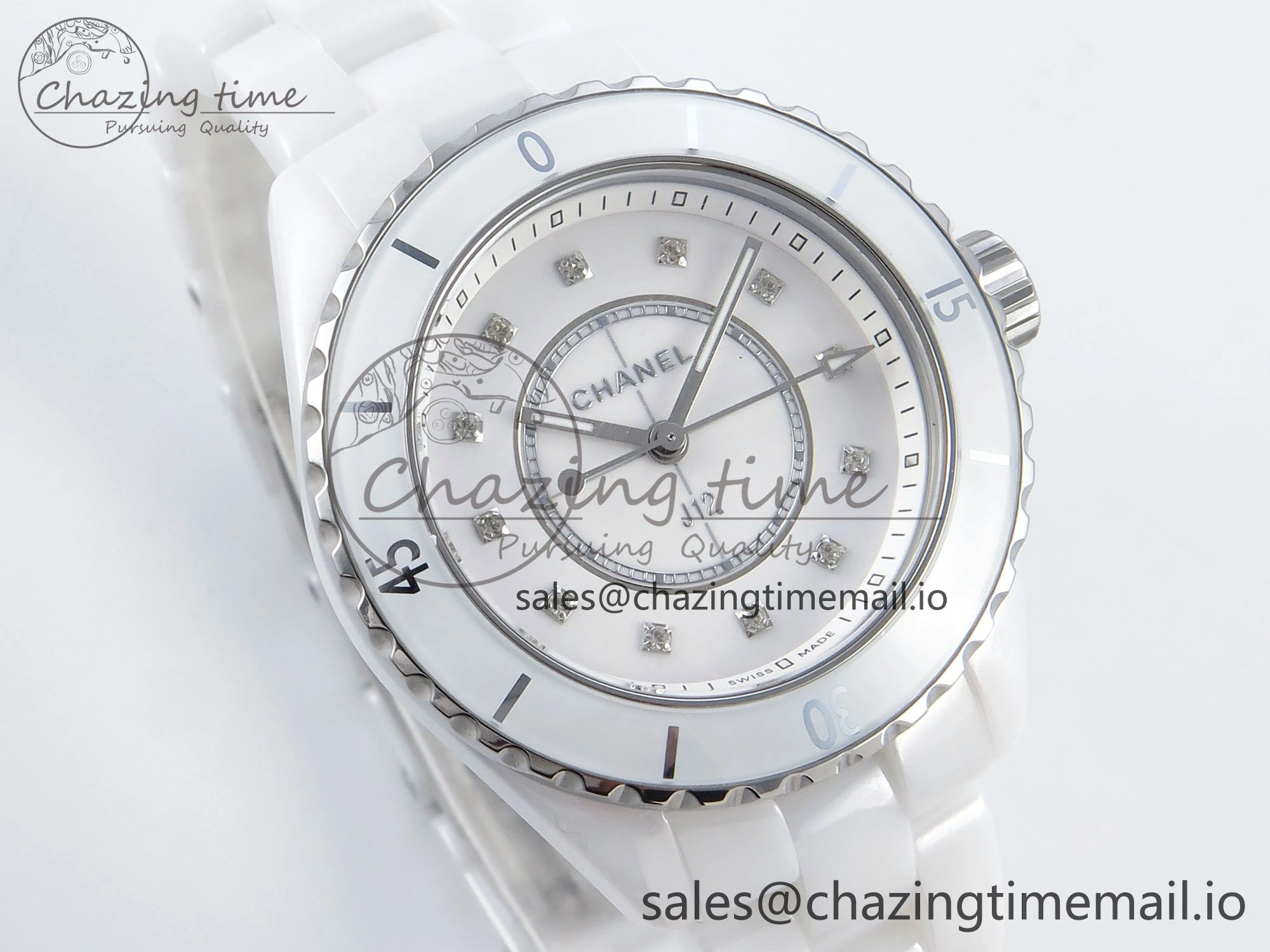SoftTouch J13 33mm White Ceramic HTF 1:1 Best Edition White Diamonds Dial on Bracelet Swiss Quartz 6430